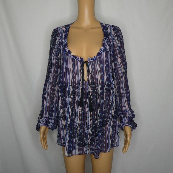 Yaya Aflalo Silk Embroidered Tassel Tie Open Neck Blouse Long Sleeve Watercolor - Picture 1 of 8